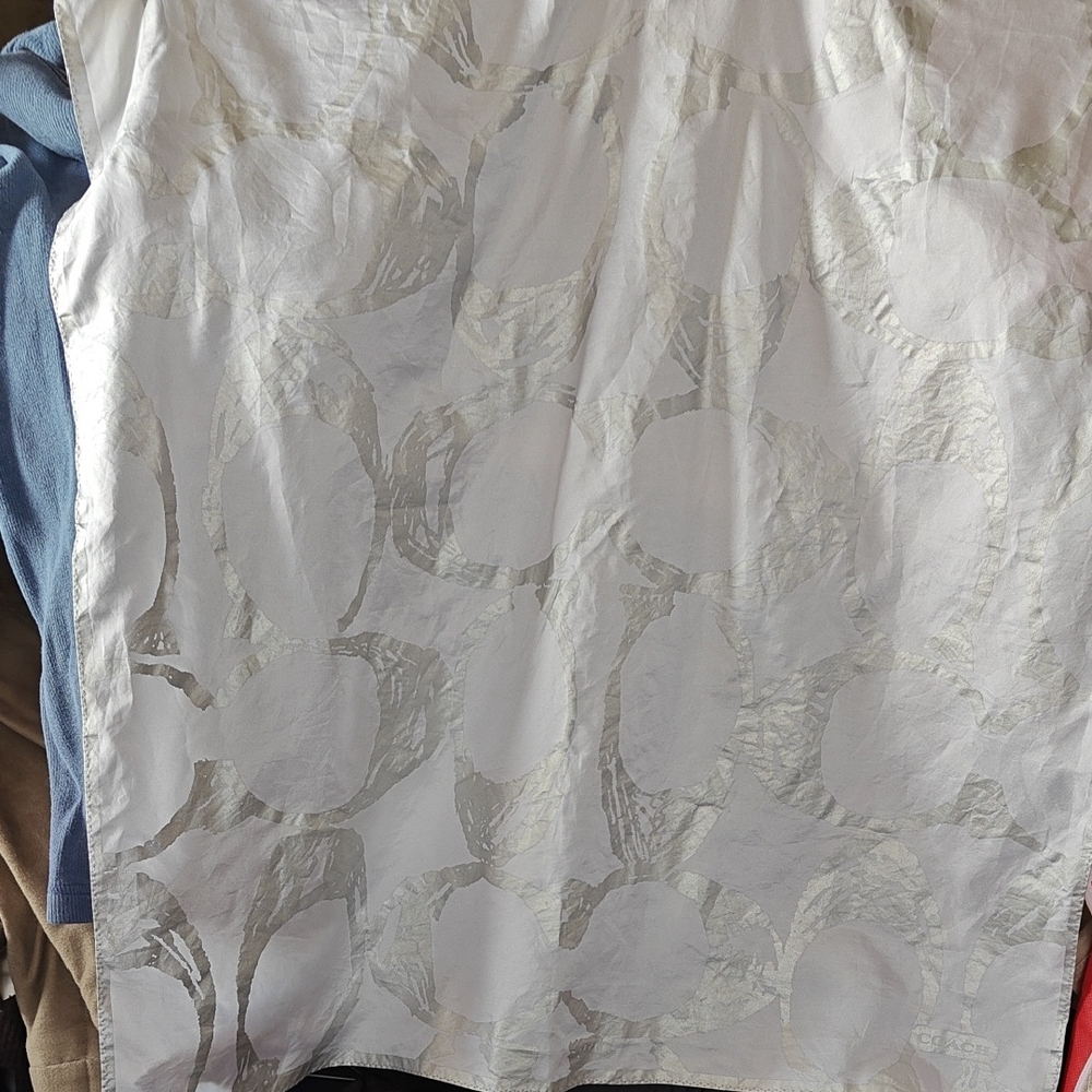 Coach White and Silver Patterned Silk Scarf